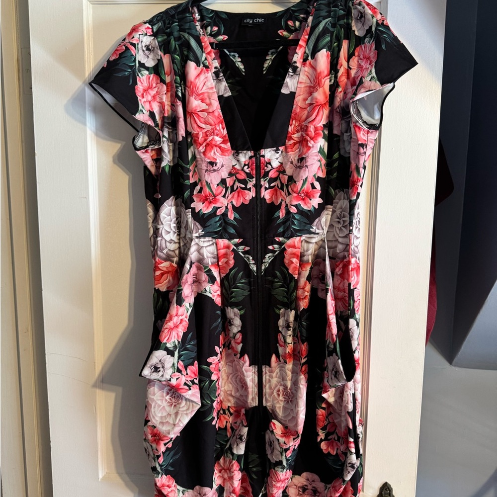 City Chic Black Dress with Pink Floral Design